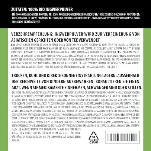 Gingembre biologique en poudre (500g), gingembre moulu issu de culture biologique contrôlée, gingembre en poudre, 100% naturel, sans additifs, sans gluten, sans lactose, testé en laboratoire, vegan