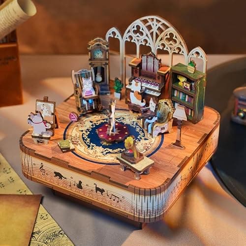 Tonecheer Kit de boîte à Musique à Faire soi-même pour Adultes, Puzzles 3D en Bois, boîte à Mouvement Musical pour Adolescents, Bureau, Cadeaux décoratifs pour Anniversaire (Famille de Chats)