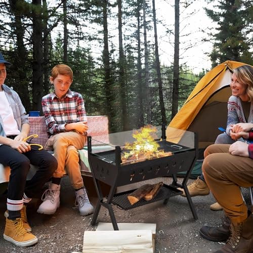 GOPLUS Barbecue à Charbon de Bois avec Verre Coupe-vent, Grille à Griller, BBQ Grill avec Supports d'Assaisonnement et Étagère de Rangement pour Pique-Nique, Jardin, Camping, 98 x 42 x 68 cm