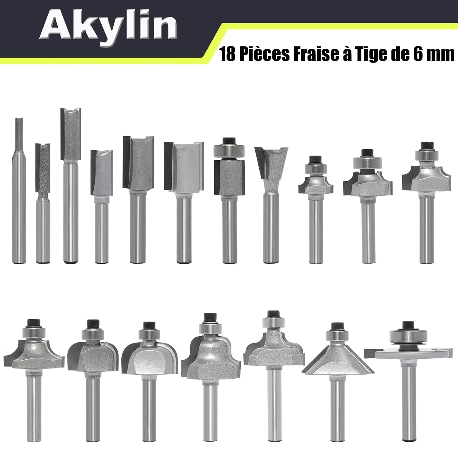18 Pièces Fraise à Tige de 6 mm avec Boîtier de Rangement, Pour Défonceuse et Finition du Bois Divers