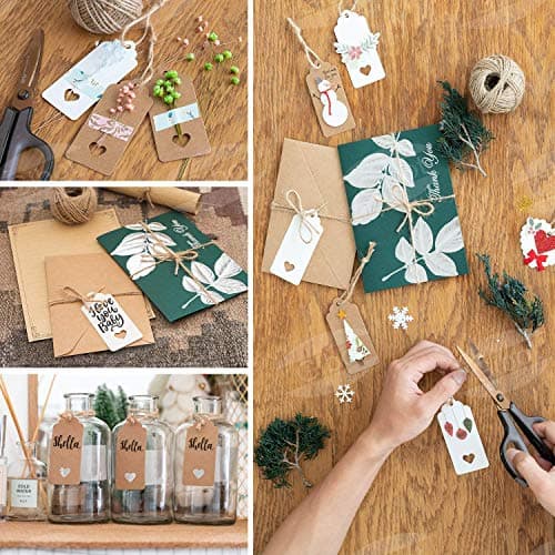 Étiquette cadeau 200PCS étiquette en papier kraft de brun et blanc,Étiquettes vierges en rectangulaire en forme de cœur de ronde,étiquette pour mariage cadeau Noël party,30m Ficelle de jute