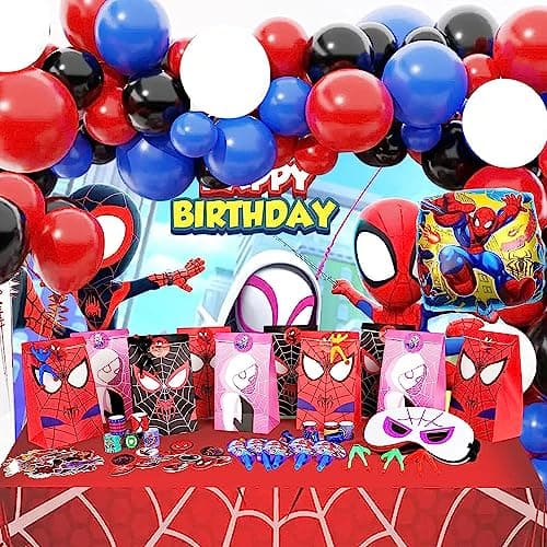 122 Pièce Spiderman Party Jouet Sac Cadeau Anniversaire Enfant Super Heros Sac Cadeau Masque en Feutre Spiderman Autocollants et Autres Ensembles Cadeaux Slap Bracelets Pour Cadeau Anniversaire Enfant