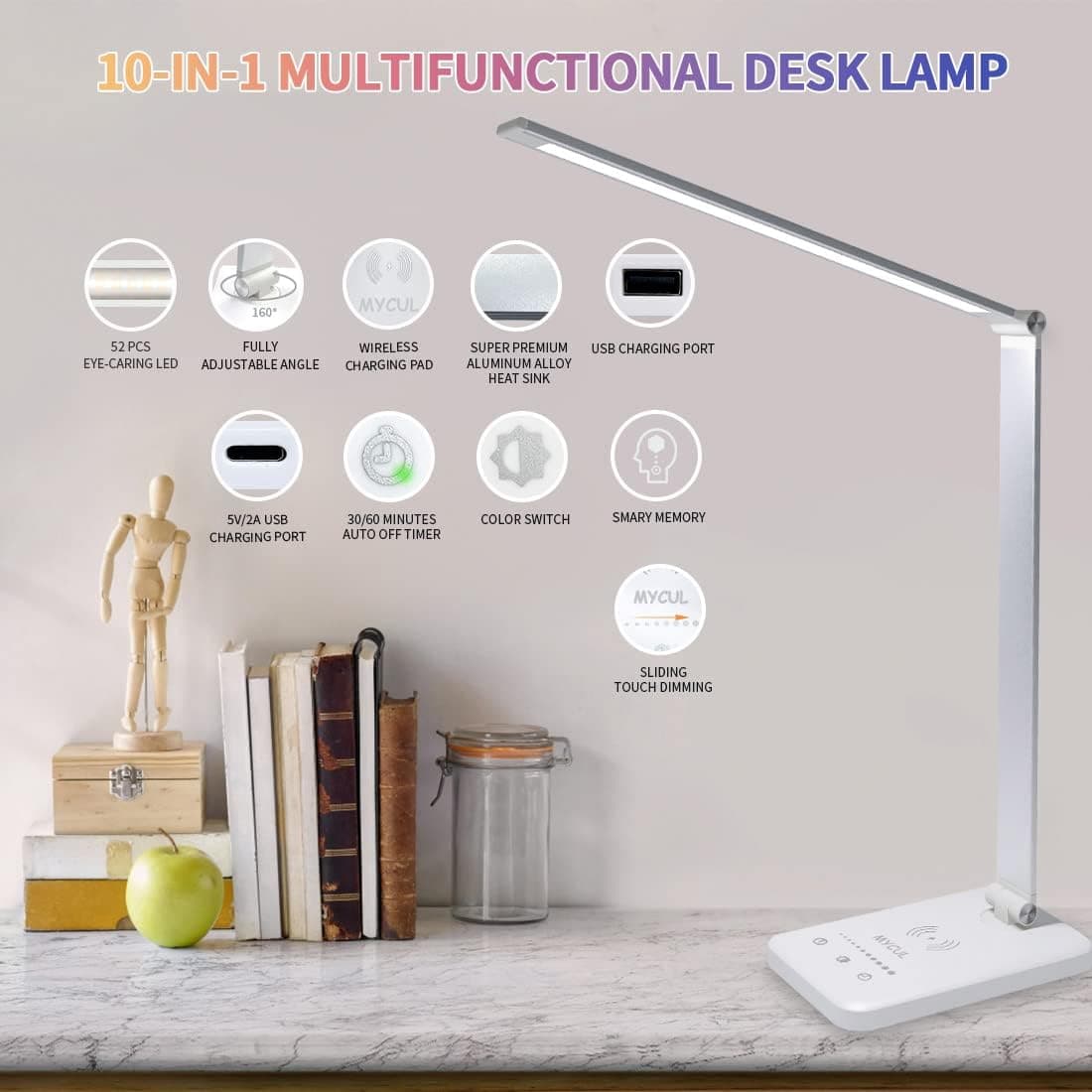 Lampe de Bureau avec Chargeur sans Fil,Lampe de chevet Avec Port USB,Blanc