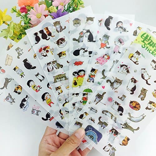 BeatlGem 6 Feuilles Super Mignon Chat Autocollants pour DIY Albums Journal Portable Décoration Bande Dessinée Scrapbooking Bureau De L'école Papeterie Meilleur Cadeau pour Vos Enfants