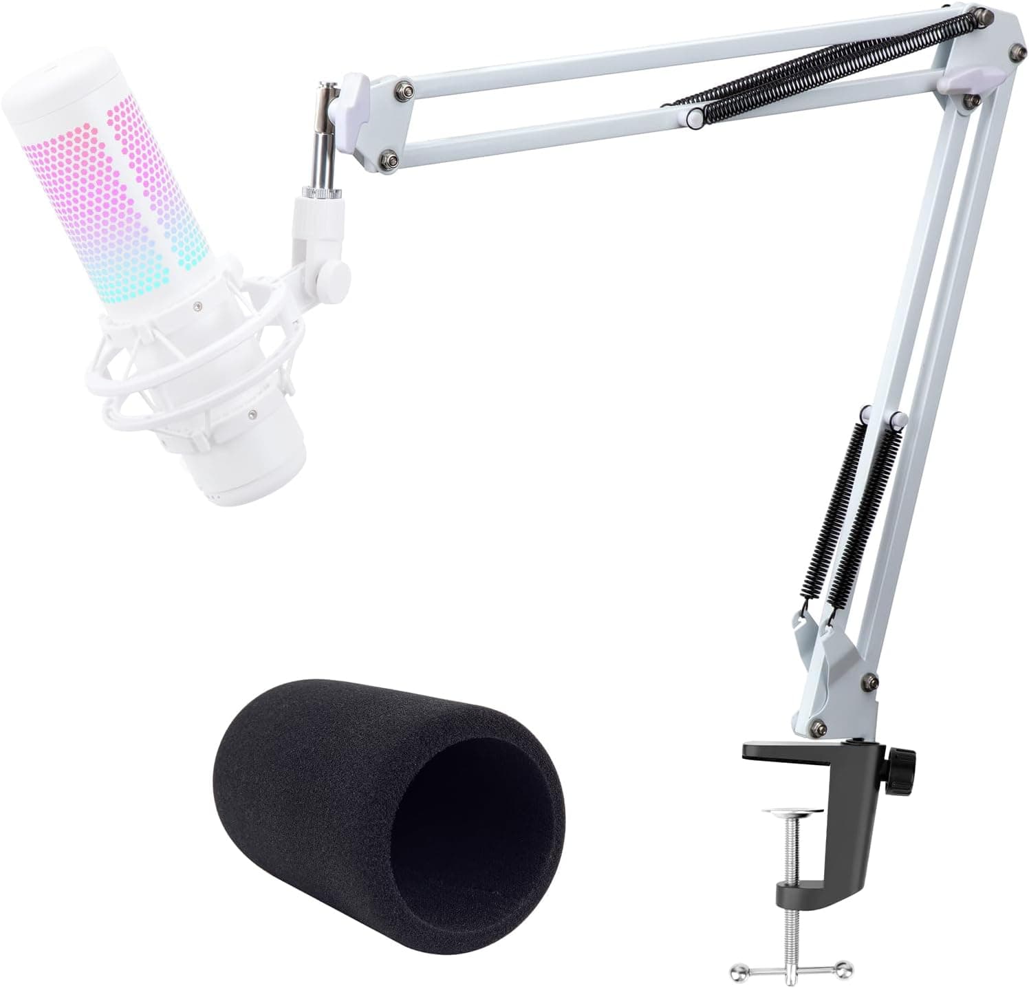 YOUSHARES HyperX Quadcast Bras Micro Réglable - Pied Blanc Professionnel, Support pour Microphone HyperX QuadCast S avec Microphone Bonnette Anti Pop en Mousse