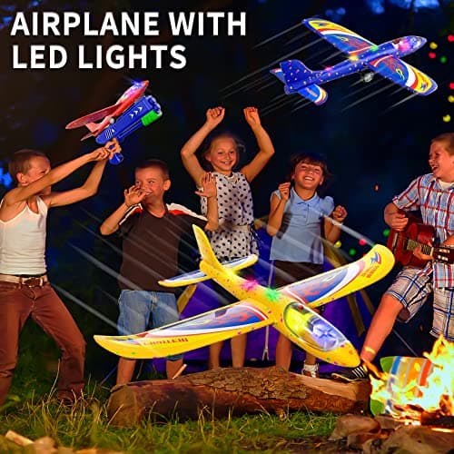 3 Packs de jouets lanceurs d'avion, 12,6 pouces de mousse LED planeur avion catapulte, 2 modes de vol, Outdoor Sports Jouets volants 4 5 6 7 8-12 ans Garçons Filles Cadeaux d'anniversaire (Bleu)