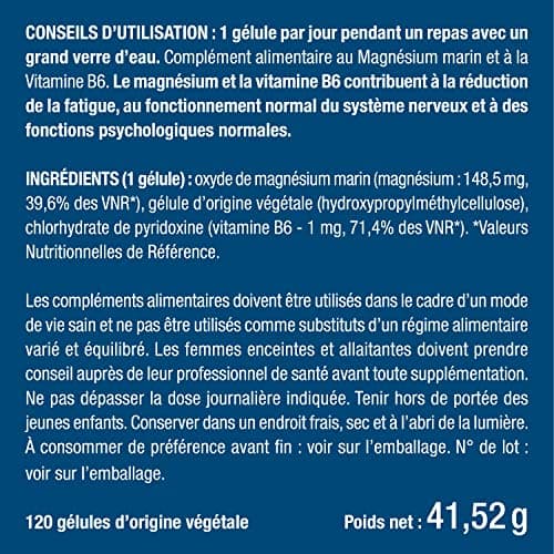 Magnésium Marin et Vitamine B6 | Breveté Simag55TM | Combat Efficacement la Fatigue | 150 mg/jour | 120 Gélules d'Origine Végétale | 4 Mois de Cure | Fabrication Française | Nutrimea