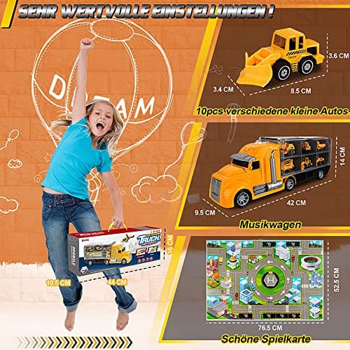 lenbest Camion de Transporteur Voiture Jouet - Ensembles de camions de Construction 11 en 1 Camion Transporteur de Petites Voitures - Anniversaire Noël Cadeau Enfants Garçons 3 Ans