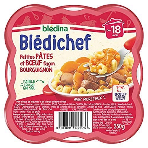 Blédina - Blédichef - Repas Bébé 18 Mois - 9 Plats Pâtes Bœuf Bourguignon - Petits Morceaux - Faible Teneur en Sel - Dès 18 Mois - 9 Assiettes 250g