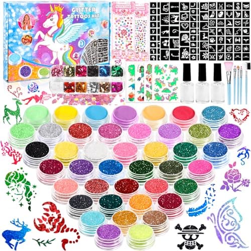 Kit Tatouage Paillettes Enfant Filles, 36 Couleurs Tatouage Temporaire à Paillettes, Kit Maquillage de Tatouage Paillette Temporaires, Cadeau pour Anniversaire Carnaval Fête