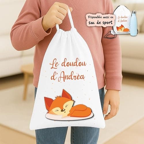 Sac à doudou ou sac de gym personnalisable – Ajoutez le prénom | Cadeau enfant | Plusieurs motifs | Polyester | Cordon de serrage (Renard)
