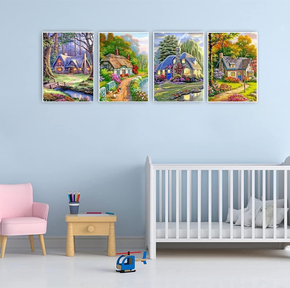 DCIDBEI Lot de 4 Peinture Diamant Paysage Adultes 40x50 cm Broderie Diamant Cottage aux Fleurs Tableau Diamant Kit Complet Adulte Diamond Painting Maison de Campagne
