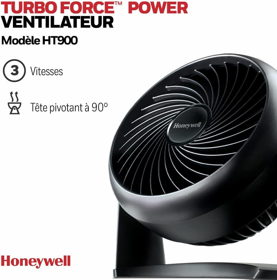 Honeywell ventilateur TurboForce Power (fonctionnement silencieux pour rafraîchissement, inclinaison variable à 90°, 3 vitesses, option de fixation murale, ventilateur de table) HT900