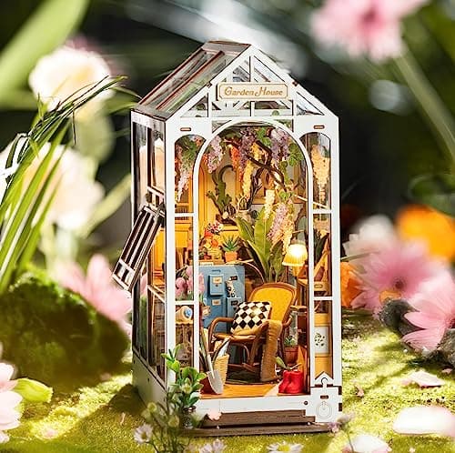 ROBOTIME Book Nook Maison de Poupée en Bois, DIY Miniature, Modèle de Maison Puzzle avec Lumières LED, Maison, Décoration de Bibliothèque, Cadeau de Vacances (Maison de Fleurs de Vacances)