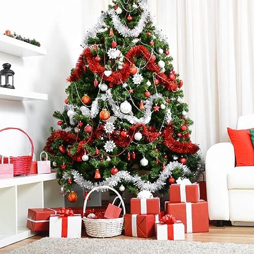 6PCS Guirlandes de Noël Tinsel 12m Avec Étoiles Décoration Scintillantes - Ornement Pendendif pour Sapin, Maison Intérieur, Fête, Anniversaire, Mariage (Argenté)