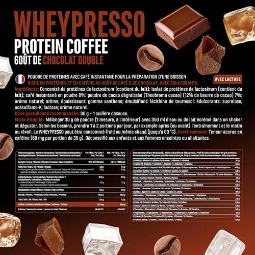 Wheypresso Protein Coffee - Poudre de protéine avec concentré de whey & isolat - Avec du vrai café & de la caféine - Boisson crémeuse à haute protéine - (908 g, Double Chocolate)