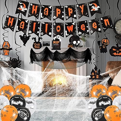 Décoration de Fête Halloween, 25PCS Articles Halloween, Halloween Décoration Effrayante avec Toile d'araignée, Deco Guirlande, Ballons, Les Décorations Set Extérieures Intérieures de Fête d'halloween