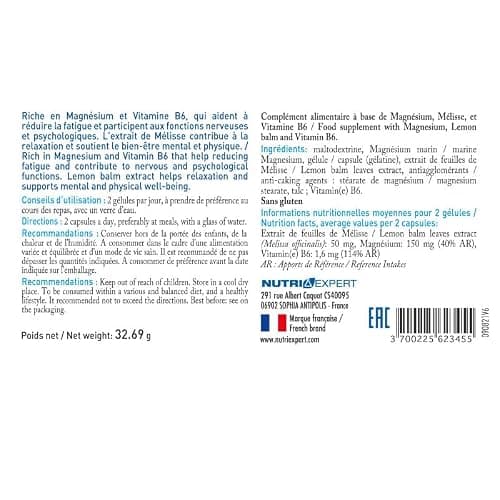 NUTRIEXPERT - Magnésium Marin B6+ - Complément Alimentaire à Base de Magnésium + Vitamine B6 + Mélisse - Favorise l'Équilibre du Système Nerveux et le Bien-Être - Réduit la Fatigue - Lot de 3 produits