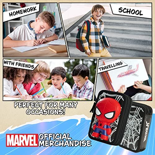 Marvel Trousse Scolaire Garcon, Trousse Compartiments Garnie Fourniture Scolaire, Feutre, Crayon de Couleur, Cadeau Spiderman Avengers Rentrée Scolaire Primaire (3D Spiderman)