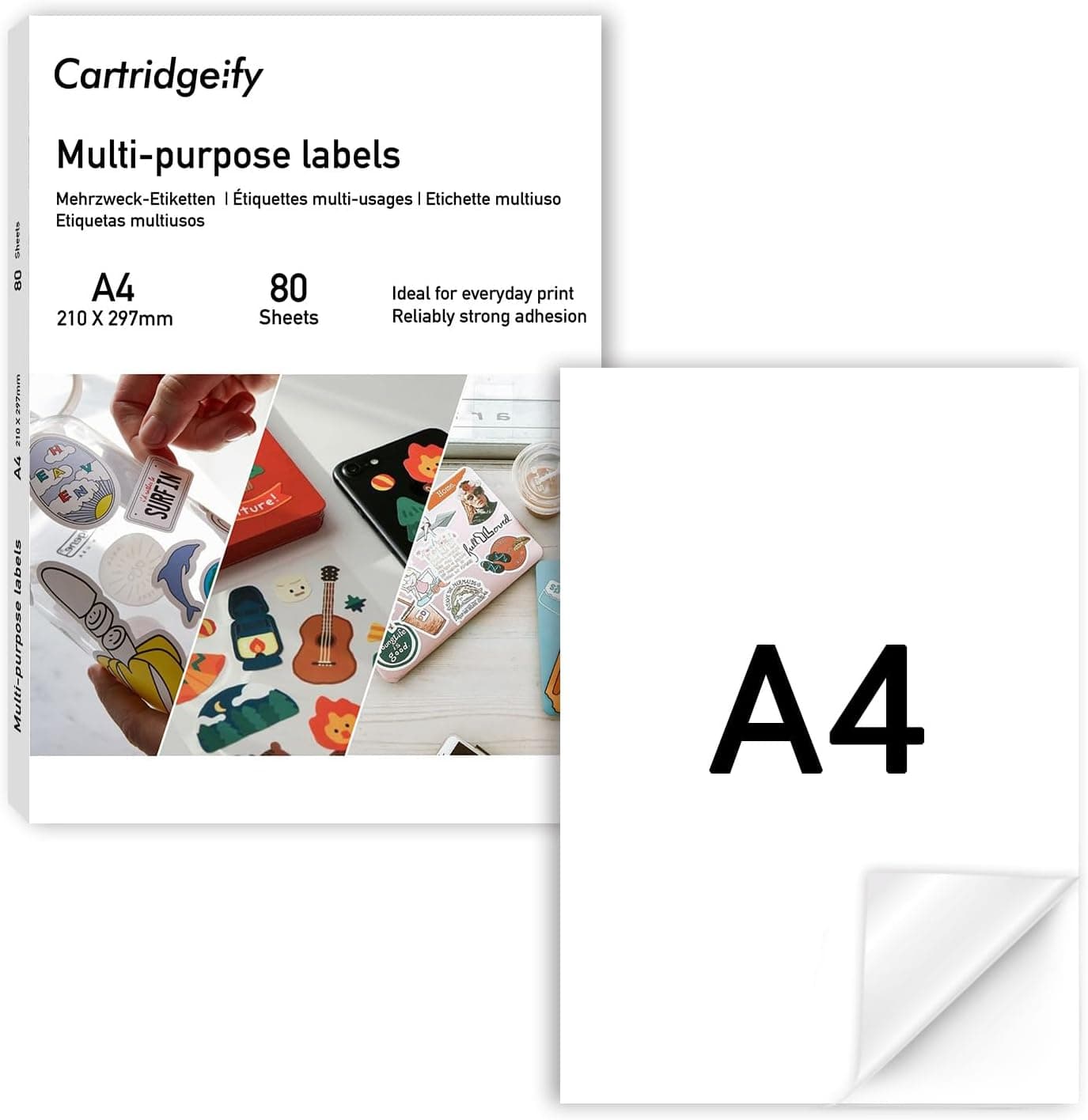 A4 Papier Autocollant Imprimante pour imprimante laser et jet d'encre, 80/feuilles,1 étiquette par feuille, Blanche Mate, 210 x 297 mm