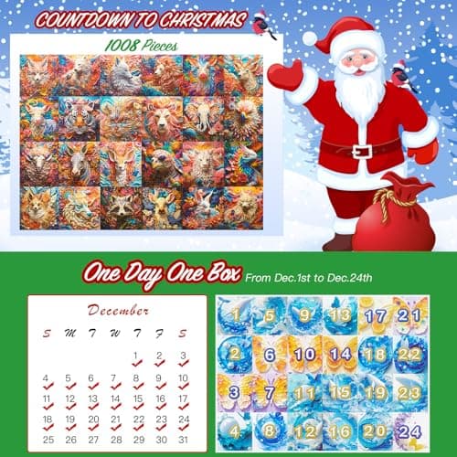 Calendrier de l'Avent Puzzle 2024, Puzzle en 3D pour Adultes et Enfants, Compte à Rebours de Noël sur 24 Jours, 24 Puzzles en Forme d'animaux, 1008 Pièces