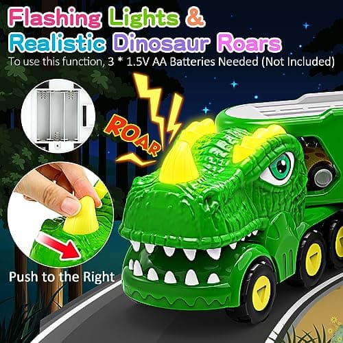 ENJSD Camion Dinosaure Jouet pour Enfant de 3 4 5 Ans, 5 en 1 T-Rex Camion Transporteur Voiture avec Lumières et Sons, Jeux pour Garcon Fille 3 à 5 Ans, Cadeau Noel Enfant de 3-5 Ans(Vert)