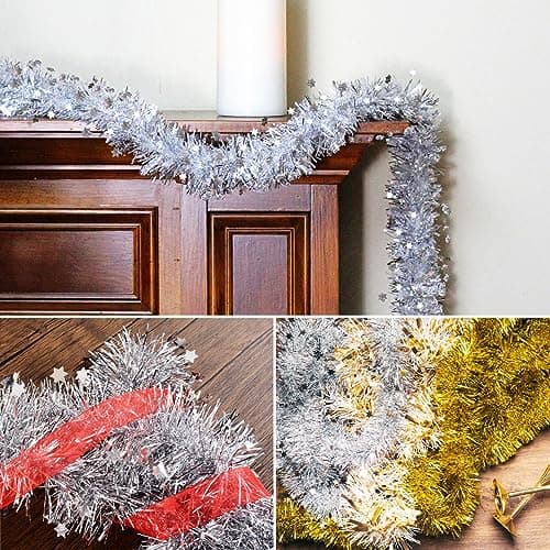 6PCS Guirlandes de Noël Tinsel 12m Avec Étoiles Décoration Scintillantes - Ornement Pendendif pour Sapin, Maison Intérieur, Fête, Anniversaire, Mariage (Argenté)