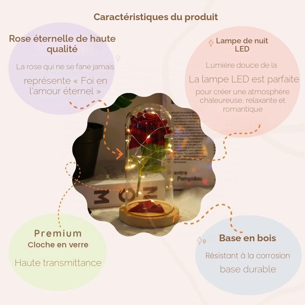 Saint Valentin Rose Eternelle sous Cloche, La Belle et la Bête Rose, Dôme en Verre Rose éternelle avec lumière LED et Base, Mariage Maison Décor, Cadeau Unique pour Maman, Femme, Mere, Mamie, Amie