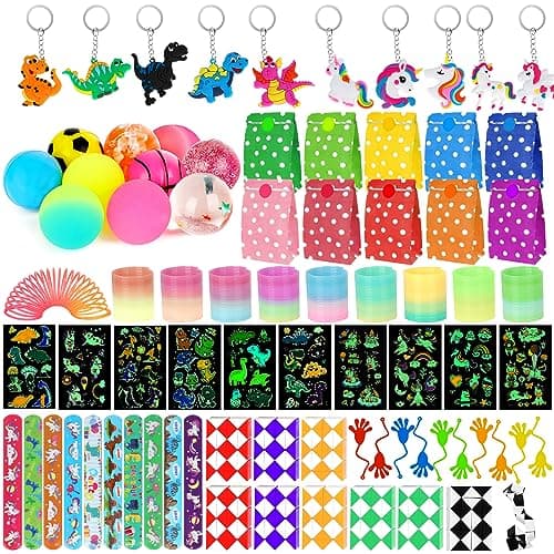 80 Pièces Kit Cadeau Anniversaire Enfants Invites - Sac Mixte Assortiment Jouet Prix du Trésor pour Fille Garçon(spirales arc-en-ciel,Porte-clés,Tatouage)