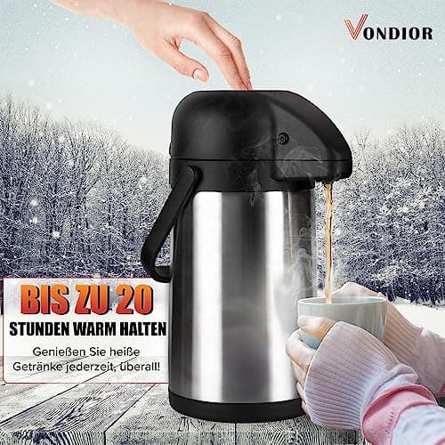 Vondior Carafe à café thermique 1,9 L, cafetière à pompe isolée en acier inoxydable, théière sous vide pour eau chaude/froide, boissons au chocolat de fête