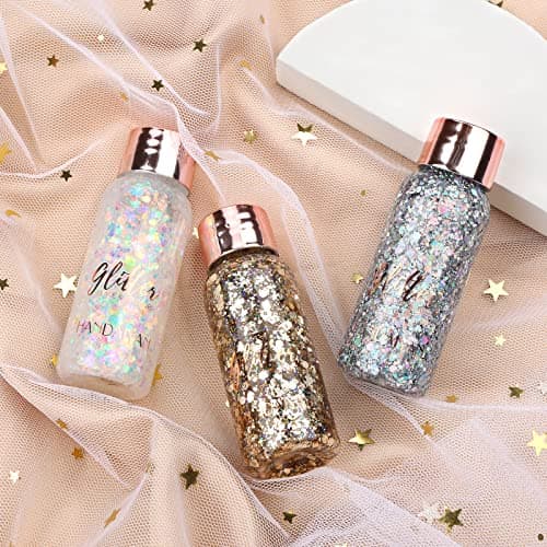 Getervb 3 Pièces Gel Paillettes Visage Festival Body Glitter Gel Paillette Cosmétique Chunky Glitter Liquide Paillette Maquillage Cheveux Ongles Lèvres Makeup (Blanc+Argent+Champagne)