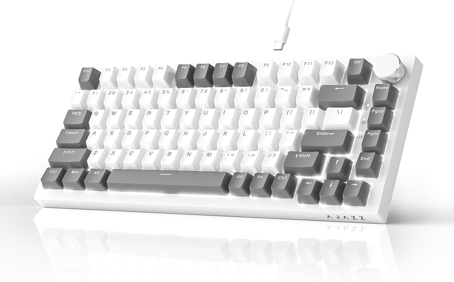 AJAZZ AK820 Mechanical Keyboard, 75% Hot Swappable Wired Volume Control Knob, PBT Keycaps, Five-Layer Sound Insulation Pad, 82-Key Gaming Keyboards, Grey White