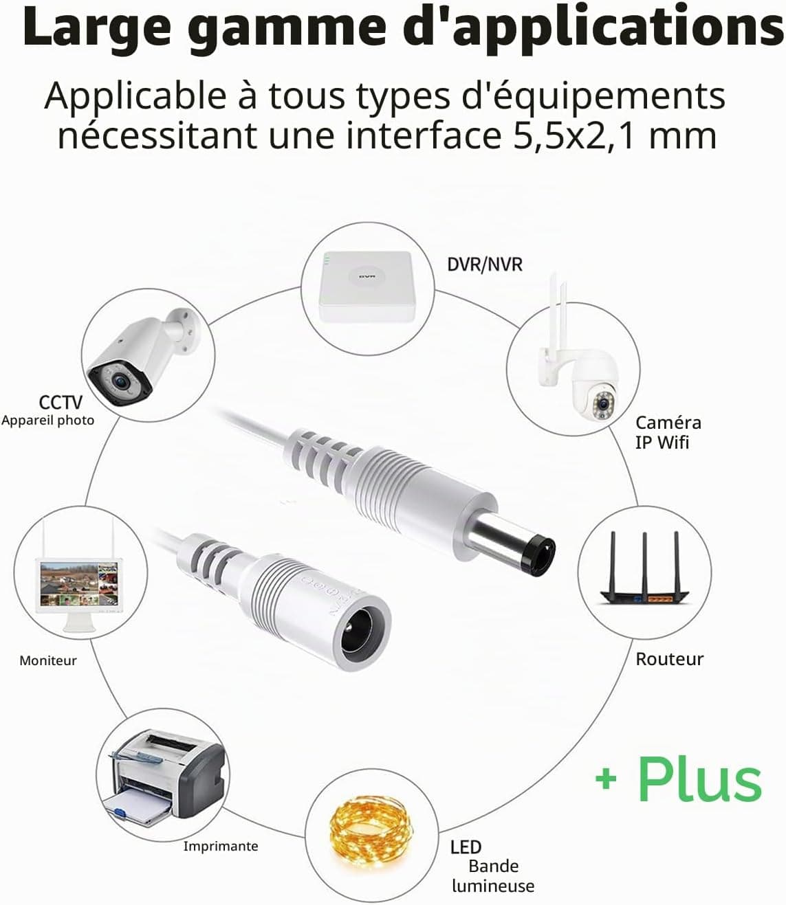 Lonnky 12V 3 Mètre Câble D'Extension LED, Compatible avec TAPO C110, Reolink, TP-Link, Caméras Smallrig, Caméras IP, Lumières LED Govee, Et DVR, 5.5 x 2.1 mm, Femelle À Mâle Connecteur - Blanc