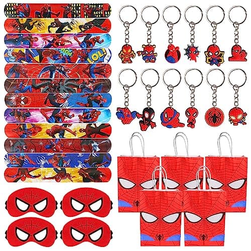 48 Pièce Spiderman Party Cadeaux, Sac Cadeau Anniversaire Enfant Spiderman, 12 Porte-clés Spiderman, 12 Sacs Cadeaux Spiderman, 12 Masques en Feutre Spiderman, 12 Slap Bracelets à Claquer Spiderman