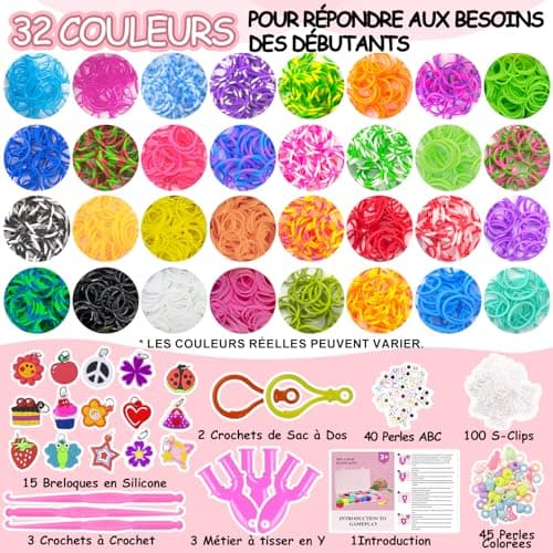 Uolifrem 2800+ Elastiques Bracelet Kit, 32 Couleurs Bracelet Elastique Enfant Kit, Loom Bands avec Accessoires, Élastiques de Bricolage pour la Fabrication de Bracelets, Cadeau pour Filles et Garçons