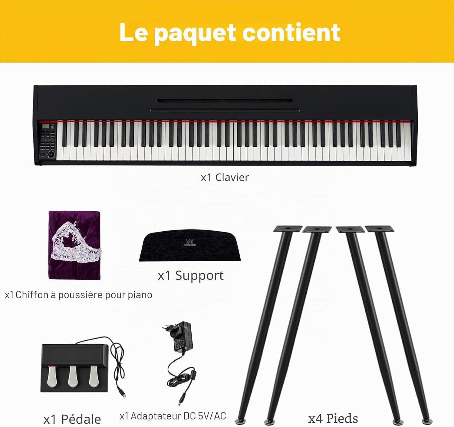 MUSTAR Piano numérique 88 touches pour débutants, clavier piano taille complète avec 3 unités de pédale, piano électrique portable, piano numérique pour la maison avec MIDI-USB et support, Noir