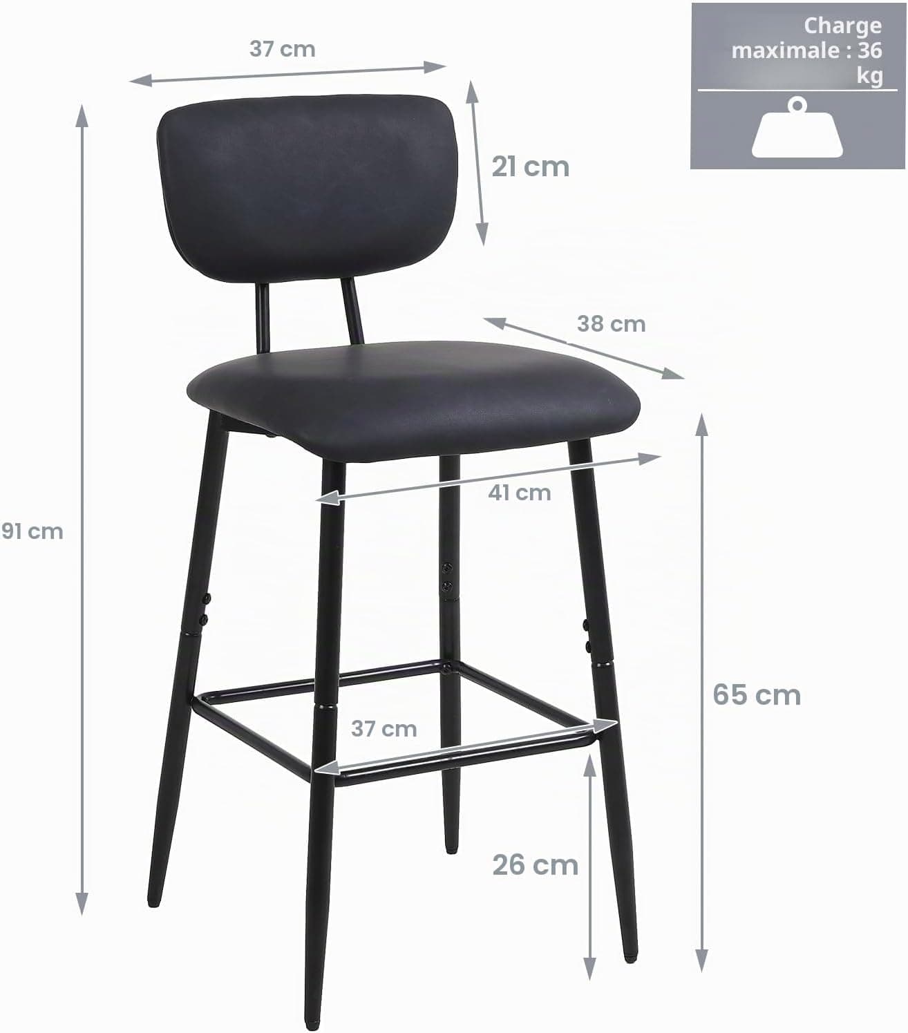 Tabouret de Bar Lot de 2, Chaise de Bar avec Dossier et Repose-Pieds, Tabourets Haute pour Cuisine Salle à Manger Bistro, Chaise 65 cm de Haut, Noir