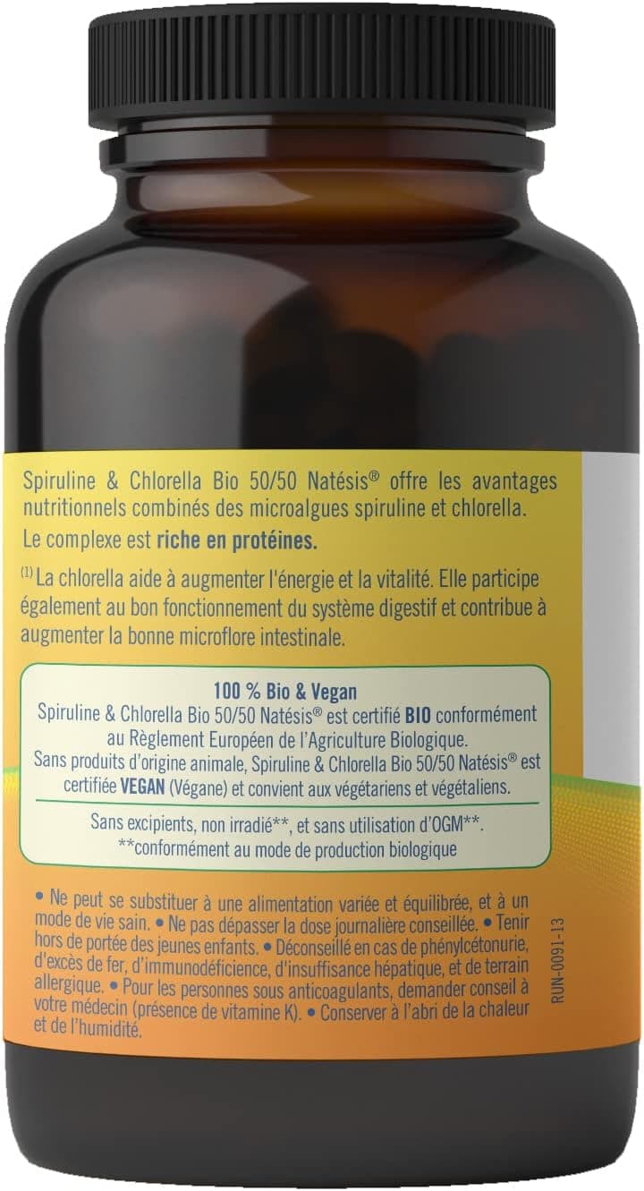 NATESIS — Spiruline & Chlorella Bio 50/50 — 250 comprimés 540 mg — Complément alimentaire bio et vegan — Vitalité, digestion, immunité — Flacon en verre brun — 135 g