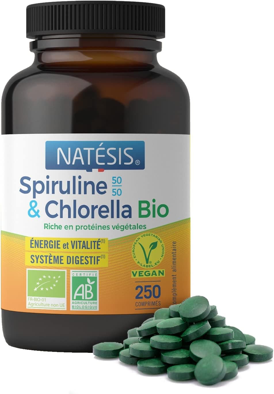 NATESIS — Spiruline & Chlorella Bio 50/50 — 250 comprimés 540 mg — Complément alimentaire bio et vegan — Vitalité, digestion, immunité — Flacon en verre brun — 135 g