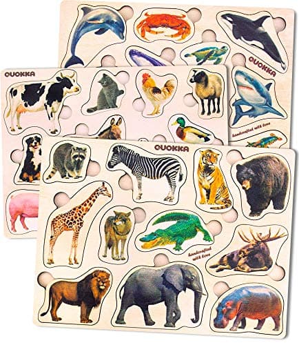 Jouet Puzzle Enfant 1 2 3 4 Ans by Quokka - 3 Jeux Montessori en Bois avec Animaux - Bebe Cadeau Educatif pour Garcon et Fille