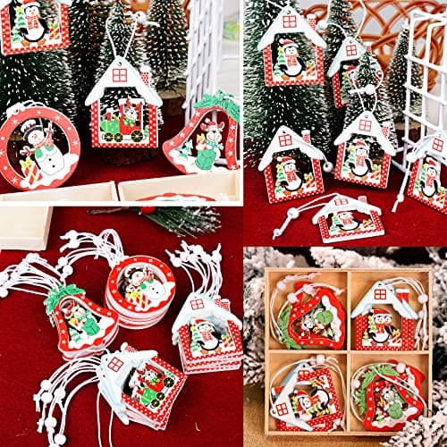 BETESSIN 24pcs Pendentif Noël en Bois Charmes Ornements Décoration Arbre de Noël Suspendus 4 Styles avec 2 Boîtes Décoratives de Fête