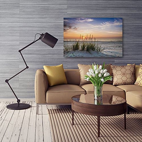 Feeby Impression sur Toile Intissé Mer Plage Herbe Nature 50x40 cm Image Moderne Tableau Déco Mural Salle De Séjour Coucher De Soleil multicolore