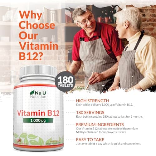 Vitamine B12 1000μg - Puissance Élevée de B12 Méthylcobalamine - 180 Comprimés Végétaliens (Approvisionnement pour 6 Mois) - Nu U Nutrition