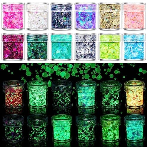 Lumineuse Gel Paillettes Visage, MKNZOME 12 Couleurs Fluorescent Paillettes Visage Festival Chunky Paillettes Maquillage Carnaval Chunky Glitter Gel Corps Cheveux Fête Noël Pâques Anniversaire