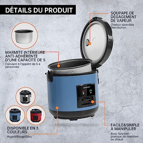 Eamoment DRC-5020BL 1 l | Cuiseur à riz et cuiseur vapeur 400 W (1 l à 5 tasses) pour 1 à 5 personnes Cuisson rapide sans brûler Revêtement antiadhésif amovible, cuillère à riz et gobelet doseur, bleu