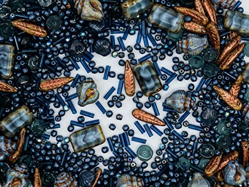 60 g Mix of Unique Czech Bohemia Glass Pressed Beads, Dark Blue, Table Cut, Matte and Glossy, Faceted Fire Polish, Hand Made Set Kit BCV