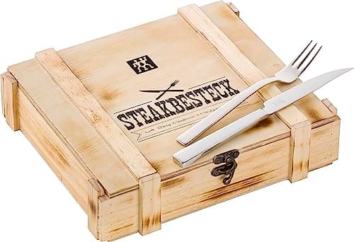 ZWILLING Couverts à Steak (12 pièces), pour 6 Personnes, 6 Couteaux et 6 Fourchettes à Steak, Acier Inoxydable, Inclus : Boîte de Rangement en Bois, Poli