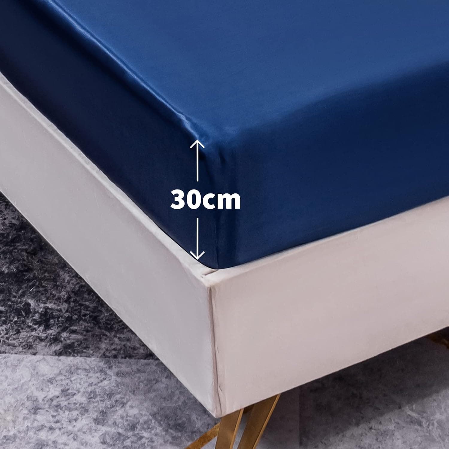 Drap Housse Satin 135x190 cm 2 Personnes avec Grand Bonnet de 30 cm pour Matelas Épais - Drap-Housse Douce en Satin de Polyester Couleur Unie, Bleu Marine