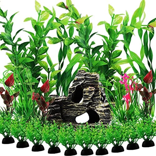 QUOZUO 20 Pièces Aquarium Decoration Plante, Vert Plantes Artificielle Aquarium Deco et Rocher Polyrésine Grotte Ornement