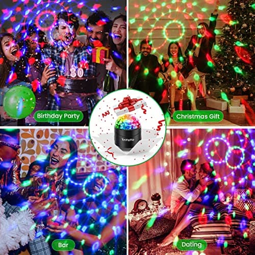 Boule Disco, Lumière de fête de Contrôle de Musique TnYoYo, 360° Rotation Boule à Facette Lampe de Scène, 7 Couleur Modes avec Télécommande et 3M Câble USB pour Fête/DJ/Noël/Bar/Enfants